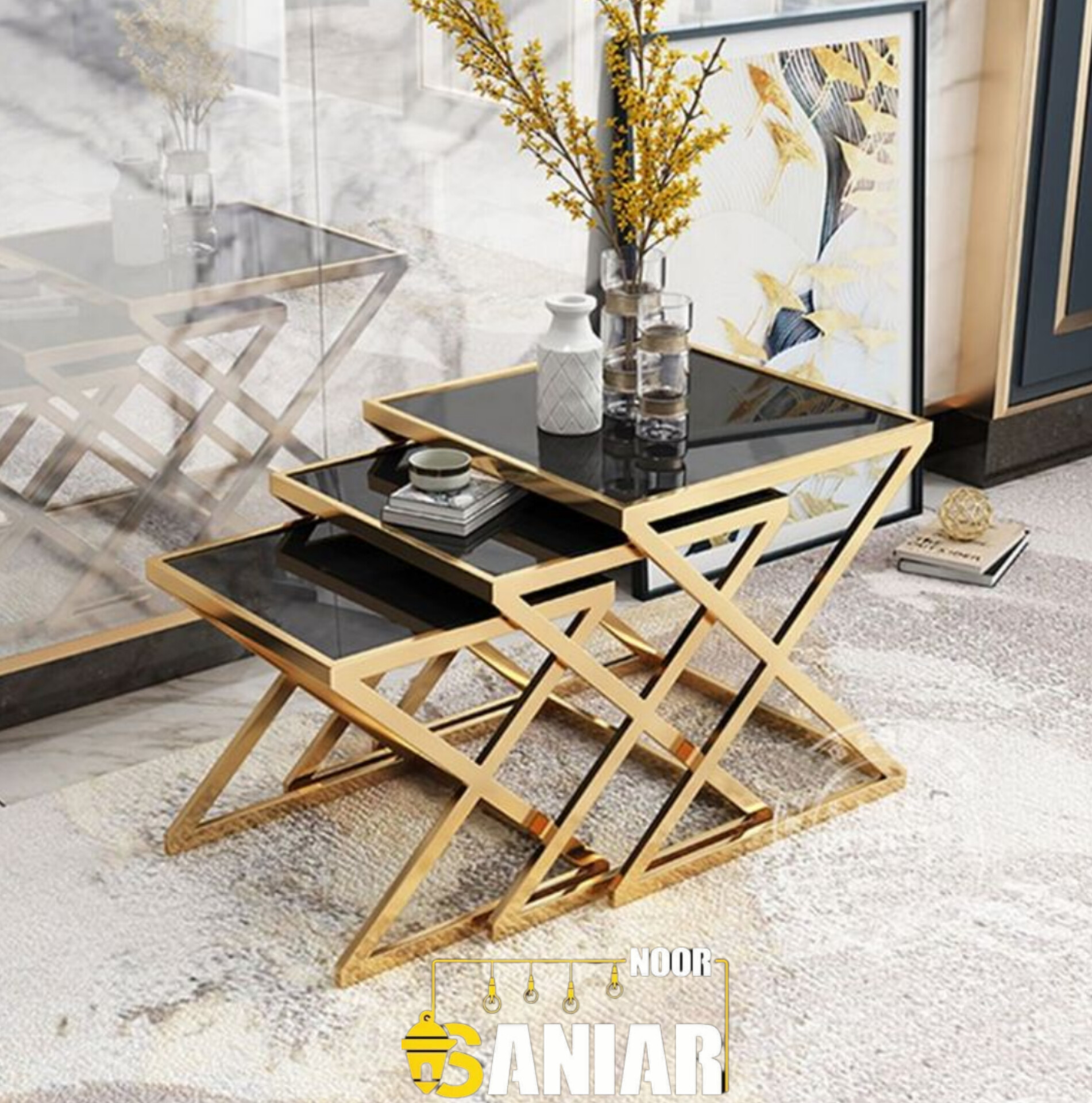 میز عسلی سه‌تکه فلزی – مدل مدرن با رنگ کوره‌ای