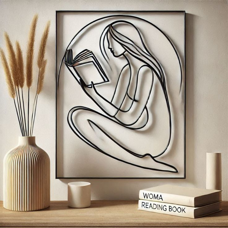 تابلو دکوراتیو لاینآرت مشکی طرح زن با موهای بلند در حال خواندن کتاب با کادر دایرهای روی دیوار بالای میز چوبی با کتاب و گلدان».