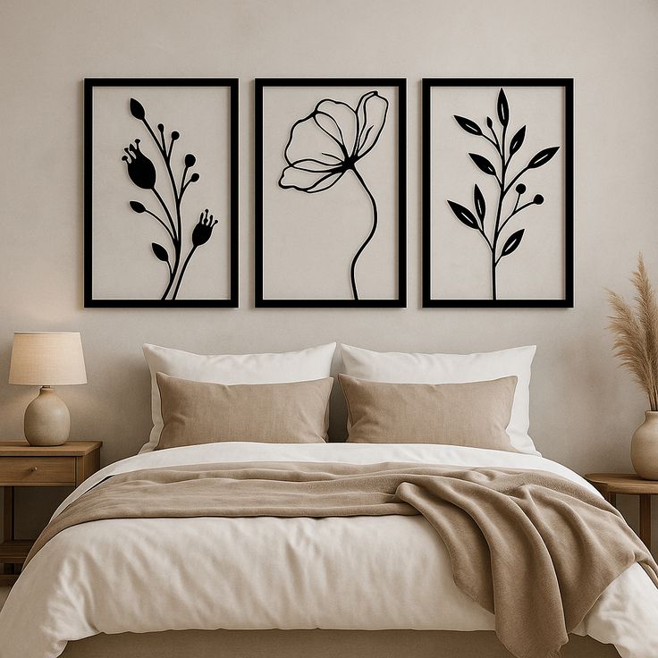 ست ۳ تایی تابلو مشکی لاین‌آرت طرح گیاه | دیوارکوب فلزی مدرن اتاق خواب