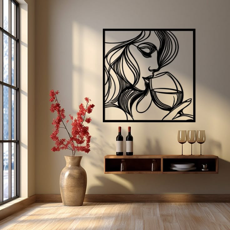 تابلو مربعی مشکی فلزی با طرح خطی چهره زن در حال نوشیدن، نصب شده روی دیوار کرم بالای شلف چوبی دکوراتیو».