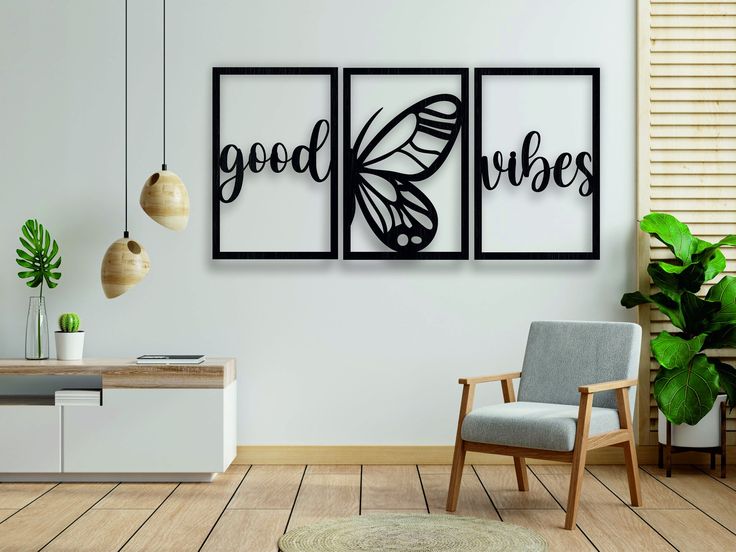 ست ۳ تکه تابلو دکوراتیو طرح "Good Vibes" (دیوارکوب فلزی لاین‌آرت مدل پروانه)