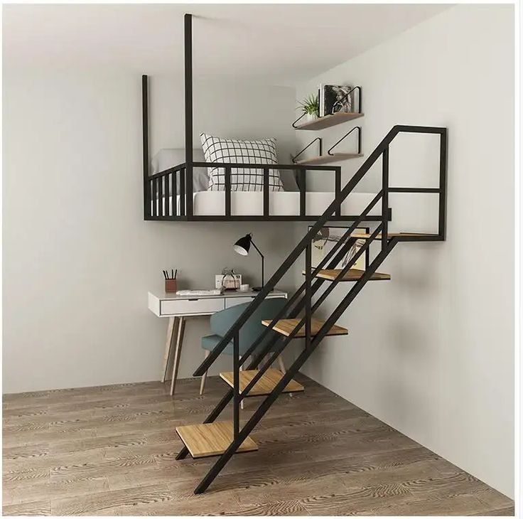 تخت یک و نیم نفره فلزی مدل نیم‌طبقه با نردبان هندسی